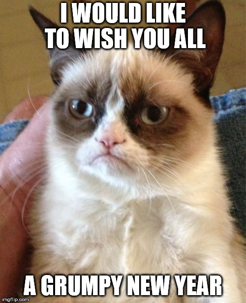 Happy new year with Grumpy Cat! | I WOULD LIKE TO WISH YOU ALL; A GRUMPY NEW YEAR | image tagged in memes,grumpy cat,cats,cat,happy new year,new years | made w/ Imgflip meme maker