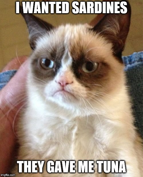 Grumpy Cat | I WANTED SARDINES; THEY GAVE ME TUNA | image tagged in memes,grumpy cat | made w/ Imgflip meme maker