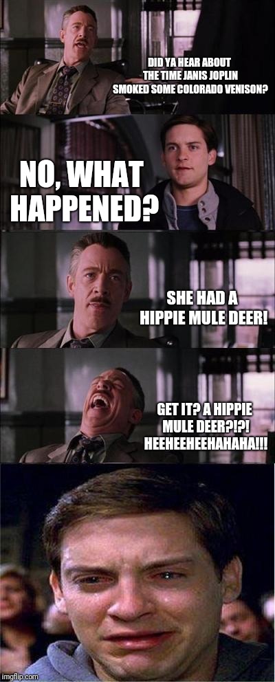 Peter Parker Cry | DID YA HEAR ABOUT THE TIME JANIS JOPLIN SMOKED SOME COLORADO VENISON? NO, WHAT HAPPENED? SHE HAD A HIPPIE MULE DEER! GET IT? A HIPPIE MULE DEER?!?! HEEHEEHEEHAHAHA!!! | image tagged in memes,peter parker cry | made w/ Imgflip meme maker