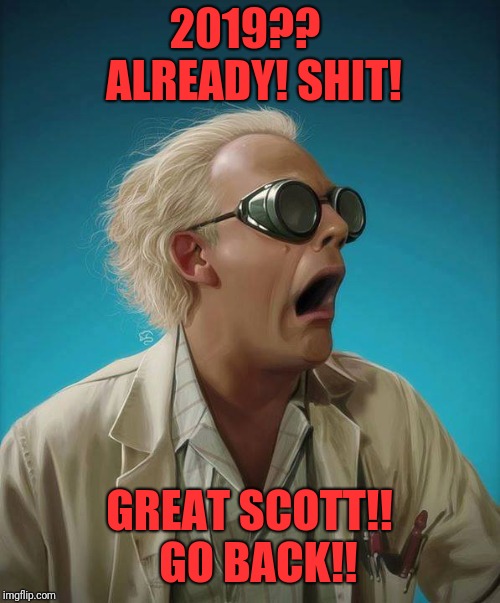 doc brown | 2019??  ALREADY! SHIT! GREAT SCOTT!!  GO BACK!! | image tagged in doc brown | made w/ Imgflip meme maker