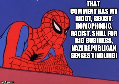 Spiderman Thinking | THAT COMMENT HAS MY BIGOT, SEXIST, HOMOPHOBIC, RACIST, SHILL FOR BIG BUSINESS, NAZI REPUBLICAN SENSES TINGLING! | image tagged in spiderman thinking | made w/ Imgflip meme maker