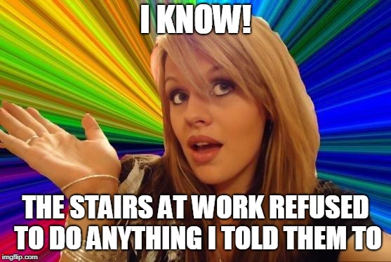 Dumb Blonde Meme | I KNOW! THE STAIRS AT WORK REFUSED TO DO ANYTHING I TOLD THEM TO | image tagged in memes,dumb blonde | made w/ Imgflip meme maker