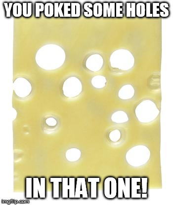 Swiss cheese | YOU POKED SOME HOLES IN THAT ONE! | image tagged in swiss cheese | made w/ Imgflip meme maker