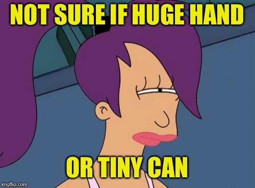 Futurama Leela Meme | NOT SURE IF HUGE HAND OR TINY CAN | image tagged in memes,futurama leela | made w/ Imgflip meme maker