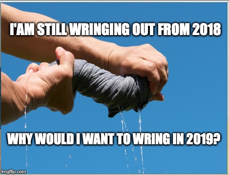 Wring in 2019 | I'AM STILL WRINGING
OUT FROM 2018; WHY WOULD I WANT TO WRING IN 2019? | image tagged in ring in new year,2019,wring in new year,too much rain,rain,tired of rain | made w/ Imgflip meme maker