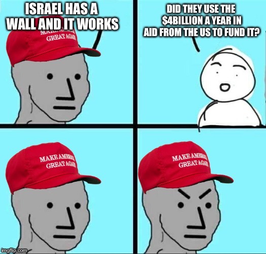 Let’s take the billions we give Israel and use that for our wall.  | DID THEY USE THE $4BILLION A YEAR IN AID FROM THE US TO FUND IT? ISRAEL HAS A WALL AND IT WORKS | image tagged in maga npc | made w/ Imgflip meme maker