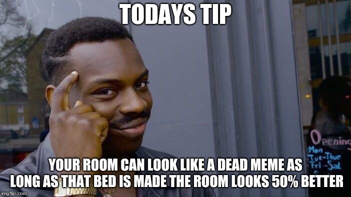 Roll Safe Think About It Meme | TODAYS TIP; YOUR ROOM CAN LOOK LIKE A DEAD MEME AS LONG AS THAT BED IS MADE THE ROOM LOOKS 50% BETTER | image tagged in memes,roll safe think about it | made w/ Imgflip meme maker