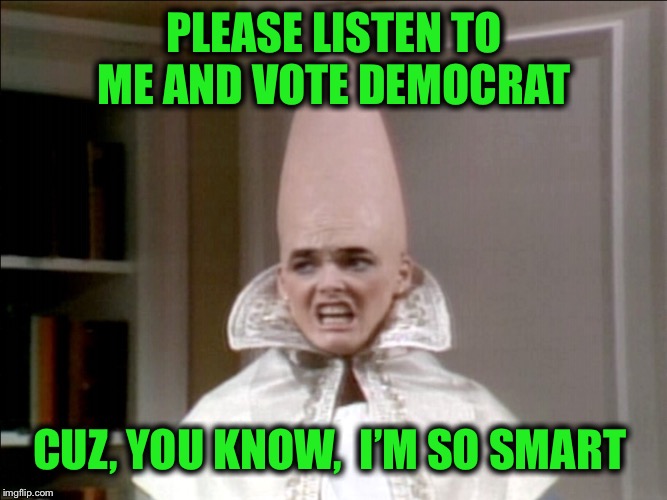 Ooooh, I’m soooo scared, Geriatric Jane! | PLEASE LISTEN TO ME AND VOTE DEMOCRAT; CUZ, YOU KNOW,  I’M SO SMART | image tagged in jane curtin,conehead,plays make believe | made w/ Imgflip meme maker