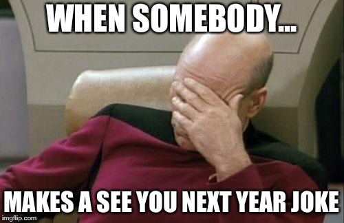 Captain Picard Facepalm Meme | WHEN SOMEBODY... MAKES A SEE YOU NEXT YEAR JOKE | image tagged in memes,captain picard facepalm | made w/ Imgflip meme maker