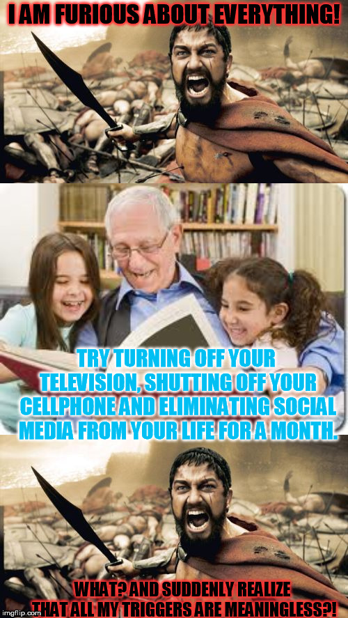 I AM FURIOUS ABOUT EVERYTHING! TRY TURNING OFF YOUR TELEVISION, SHUTTING OFF YOUR CELLPHONE AND ELIMINATING SOCIAL MEDIA FROM YOUR LIFE FOR A MONTH. WHAT? AND SUDDENLY REALIZE THAT ALL MY TRIGGERS ARE MEANINGLESS?! | image tagged in memes,sparta leonidas,storytelling grandpa | made w/ Imgflip meme maker