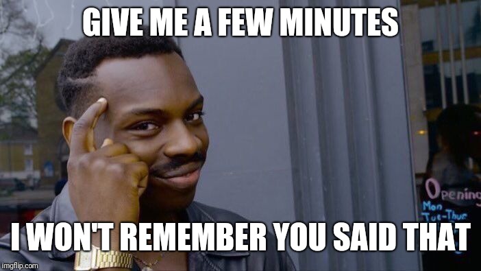 Roll Safe Think About It Meme | GIVE ME A FEW MINUTES I WON'T REMEMBER YOU SAID THAT | image tagged in memes,roll safe think about it | made w/ Imgflip meme maker