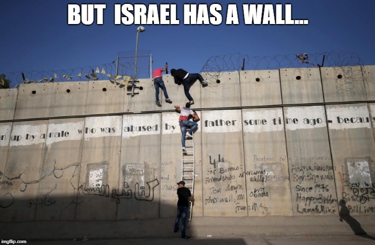 BUT  ISRAEL HAS A WALL... | image tagged in israel wall2 | made w/ Imgflip meme maker