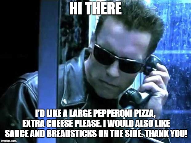 terminator phone | HI THERE; I'D LIKE A LARGE PEPPERONI PIZZA, EXTRA CHEESE PLEASE. I WOULD ALSO LIKE SAUCE AND BREADSTICKS ON THE SIDE. THANK YOU! | image tagged in terminator phone | made w/ Imgflip meme maker