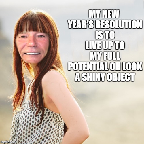 new year's resolution | MY NEW YEAR'S RESOLUTION IS TO LIVE UP TO MY FULL POTENTIAL OH LOOK A SHINY OBJECT | image tagged in new year's resolution,kewlew | made w/ Imgflip meme maker