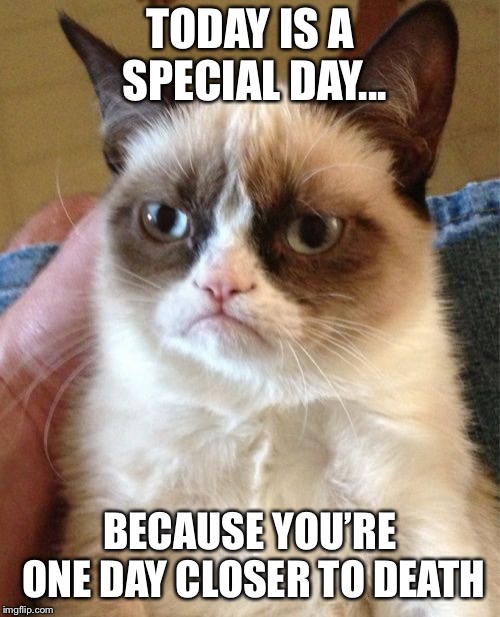 The real reason to celebrate | TODAY IS A SPECIAL DAY... BECAUSE YOU’RE ONE DAY CLOSER TO DEATH | image tagged in memes,grumpy cat,happy new year,new years eve,2019,death | made w/ Imgflip meme maker