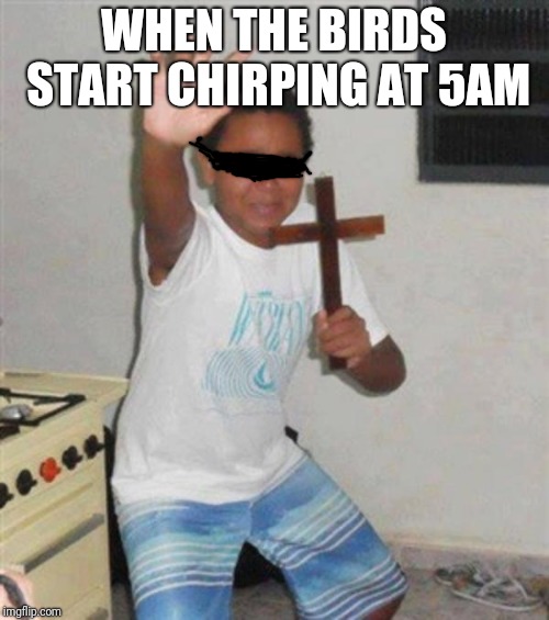 Boy with Cross | WHEN THE BIRDS START CHIRPING AT 5AM | image tagged in boy with cross | made w/ Imgflip meme maker