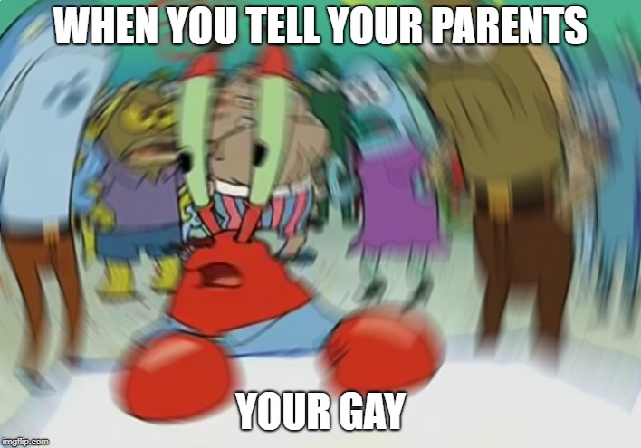 Mr Krabs Blur Meme | WHEN YOU TELL YOUR PARENTS; YOUR GAY | image tagged in memes,mr krabs blur meme | made w/ Imgflip meme maker