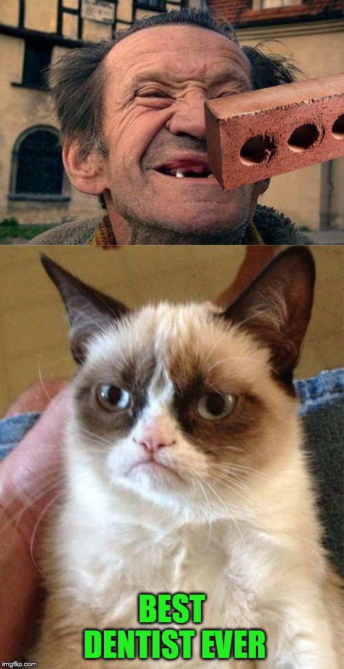 BEST DENTIST EVER | image tagged in memes,grumpy cat,old toothless man | made w/ Imgflip meme maker
