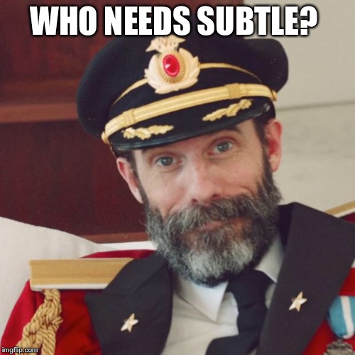 Captain Obvious | WHO NEEDS SUBTLE? | image tagged in captain obvious | made w/ Imgflip meme maker