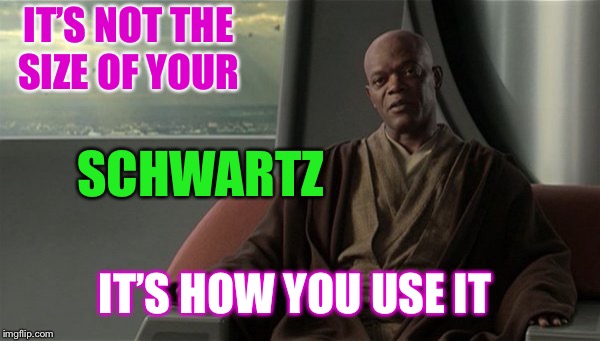 Mace Windu Jedi Council | IT’S NOT THE SIZE OF YOUR IT’S HOW YOU USE IT SCHWARTZ | image tagged in mace windu jedi council | made w/ Imgflip meme maker