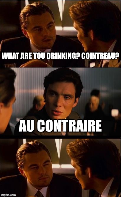 Inception | WHAT ARE YOU DRINKING? COINTREAU? AU CONTRAIRE | image tagged in memes,inception | made w/ Imgflip meme maker