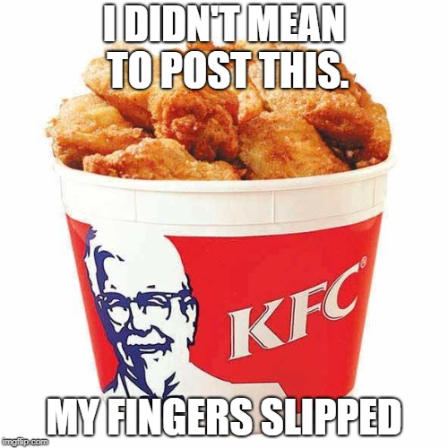 KFC Bucket |  I DIDN'T MEAN TO POST THIS. MY FINGERS SLIPPED | image tagged in kfc bucket | made w/ Imgflip meme maker