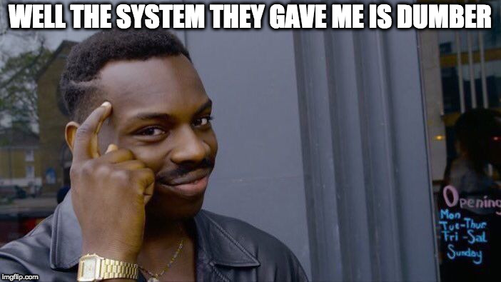 Roll Safe Think About It Meme | WELL THE SYSTEM THEY GAVE ME IS DUMBER | image tagged in memes,roll safe think about it | made w/ Imgflip meme maker