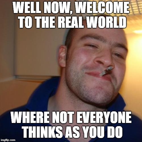 Good Guy Greg Meme | WELL NOW, WELCOME TO THE REAL WORLD; WHERE NOT EVERYONE THINKS AS YOU DO | image tagged in memes,good guy greg | made w/ Imgflip meme maker