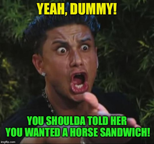 DJ Pauly D Meme | YEAH, DUMMY! YOU SHOULDA TOLD HER YOU WANTED A HORSE SANDWICH! | image tagged in memes,dj pauly d | made w/ Imgflip meme maker