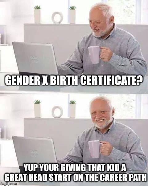 Hide the Pain Harold Meme | GENDER X BIRTH CERTIFICATE? YUP YOUR GIVING THAT KID A GREAT HEAD START ON THE CAREER PATH | image tagged in memes,hide the pain harold | made w/ Imgflip meme maker