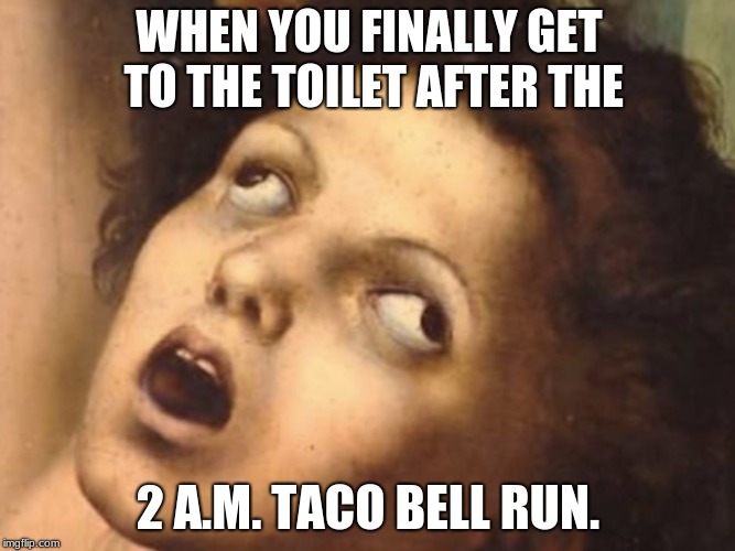 WHEN YOU FINALLY GET TO THE TOILET AFTER THE; 2 A.M. TACO BELL RUN. | image tagged in taco bell,tacos,funny,pooping,toilet humor,diahrea | made w/ Imgflip meme maker