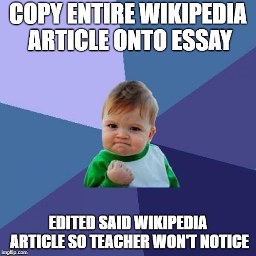 Success Kid | COPY ENTIRE WIKIPEDIA ARTICLE ONTO ESSAY; EDITED SAID WIKIPEDIA ARTICLE SO TEACHER WON'T NOTICE | image tagged in memes,success kid | made w/ Imgflip meme maker