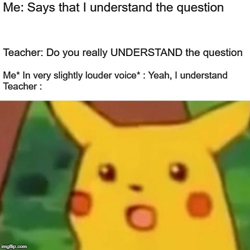 Surprised Pikachu Meme | Me: Says that I understand the question; Teacher: Do you really UNDERSTAND the question; Me* In very slightly louder voice* : Yeah, I understand                   

                                                                      
                 Teacher : | image tagged in memes,surprised pikachu | made w/ Imgflip meme maker