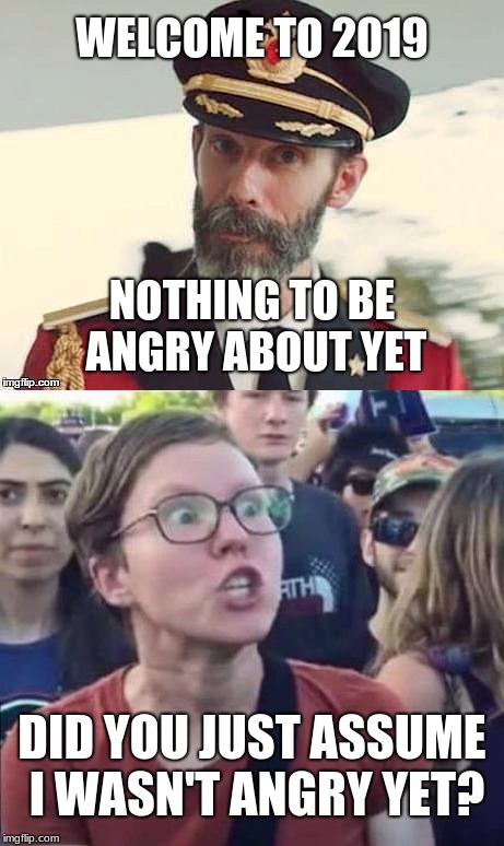 Living to be triggered doesn't mean you have a life. | WELCOME TO 2019; NOTHING TO BE ANGRY ABOUT YET; DID YOU JUST ASSUME I WASN'T ANGRY YET? | image tagged in captain obvious,angry liberal,triggered,get a life,memes,overly sensitive | made w/ Imgflip meme maker