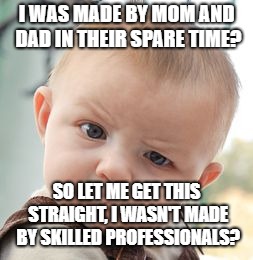 Skeptical Baby | I WAS MADE BY MOM AND DAD IN THEIR SPARE TIME? SO LET ME GET THIS STRAIGHT, I WASN'T MADE BY SKILLED PROFESSIONALS? | image tagged in memes,skeptical baby | made w/ Imgflip meme maker