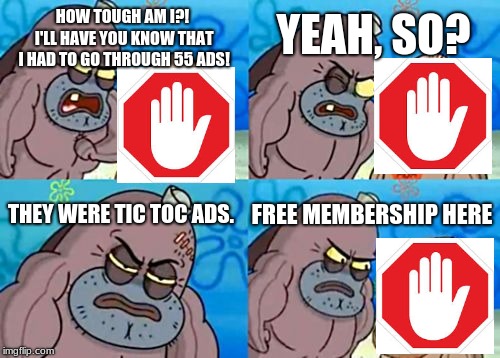 Hopefully AdBlock Helps You In This Scenario | YEAH, SO? HOW TOUGH AM I?! I'LL HAVE YOU KNOW THAT I HAD TO GO THROUGH 55 ADS! THEY WERE TIC TOC ADS. FREE MEMBERSHIP HERE | image tagged in memes,how tough are you,tic toc | made w/ Imgflip meme maker