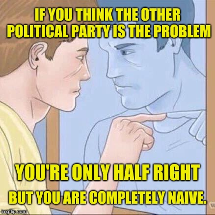 Politically blind zealots have already ethnically cleansed rationality and common sense from their own minds. How sad. | IF YOU THINK THE OTHER POLITICAL PARTY IS THE PROBLEM; YOU'RE ONLY HALF RIGHT; BUT YOU ARE COMPLETELY NAIVE. | image tagged in pointing mirror guy,memes,american politics,nailed it,political parties,imgflip trolls | made w/ Imgflip meme maker