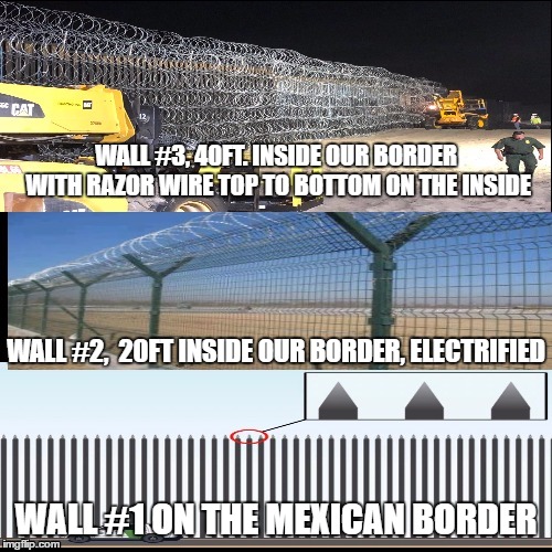 Border patrol wants something they can see thru. I present the 3 fence system. With 20ft gaps for border patrolling.  | WALL #3, 40FT. INSIDE OUR BORDER WITH RAZOR WIRE TOP TO BOTTOM ON THE INSIDE; WALL #2,  20FT INSIDE OUR BORDER, ELECTRIFIED; WALL #1 ON THE MEXICAN BORDER | image tagged in trumps wall,random,illegal aliens,illegal immigration,fence aka border wall | made w/ Imgflip meme maker