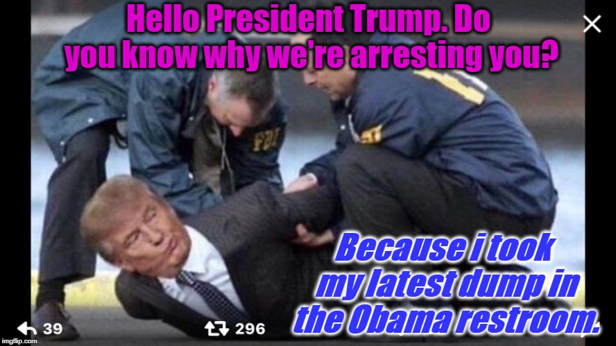 Hello President Trump. Do you know why we're arresting you? Because i took my latest dump in the Obama restroom. | image tagged in donald trump | made w/ Imgflip meme maker