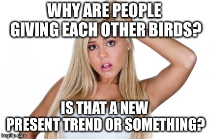 The middle finger  | WHY ARE PEOPLE GIVING EACH OTHER BIRDS? IS THAT A NEW PRESENT TREND OR SOMETHING? | image tagged in dumb blonde | made w/ Imgflip meme maker