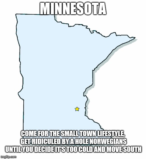 Minnesota Outline | MINNESOTA; COME FOR THE SMALL TOWN LIFESTYLE, GET RIDICULED BY A HOLE NORWEGIANS UNTIL YOU DECIDE IT'S TOO COLD AND MOVE SOUTH | image tagged in minnesota outline | made w/ Imgflip meme maker