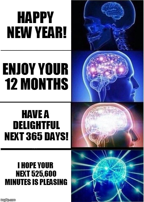 Expanding Brain | HAPPY NEW YEAR! ENJOY YOUR 12 MONTHS; HAVE A DELIGHTFUL NEXT 365 DAYS! I HOPE YOUR NEXT 525,600 MINUTES IS PLEASING | image tagged in memes,expanding brain | made w/ Imgflip meme maker