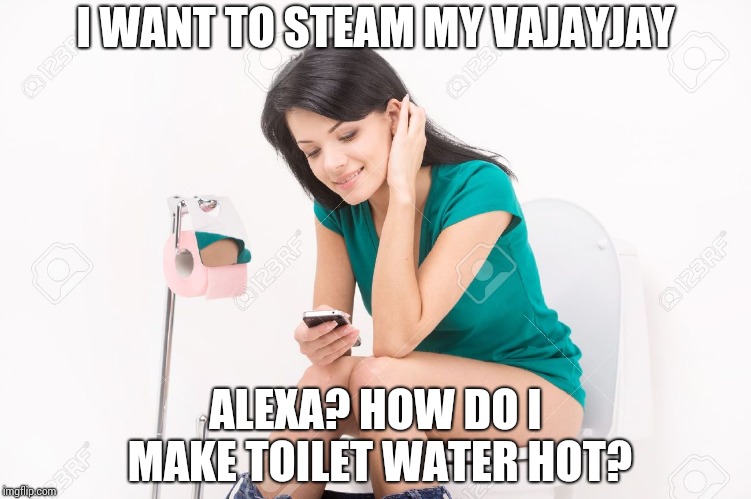 Pretty Girl On Toilet | I WANT TO STEAM MY VAJAYJAY; ALEXA? HOW DO I MAKE TOILET WATER HOT? | image tagged in pretty girl on toilet | made w/ Imgflip meme maker