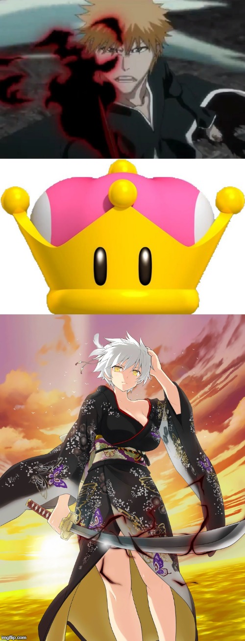 Give Ichigo Kurosaki a Super Crown becomes Miyabi | image tagged in super_crown,bleach,senran kagura,anime,anime meme,animeme | made w/ Imgflip meme maker