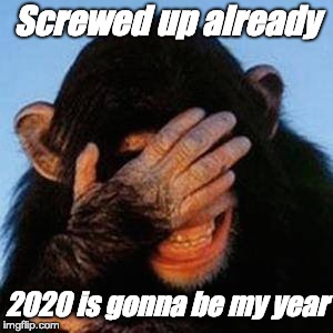 Embarrassed Chimp | Screwed up already; 2020 is gonna be my year | image tagged in embarrassed chimp | made w/ Imgflip meme maker