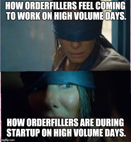 Bird box | HOW ORDERFILLERS FEEL COMING TO WORK ON HIGH VOLUME DAYS. HOW ORDERFILLERS ARE DURING STARTUP ON HIGH VOLUME DAYS. | image tagged in bird box | made w/ Imgflip meme maker