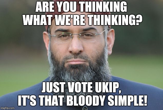 ARE YOU THINKING WHAT WE'RE THINKING? JUST VOTE UKIP, IT'S THAT BLOODY SIMPLE! | image tagged in politics | made w/ Imgflip meme maker