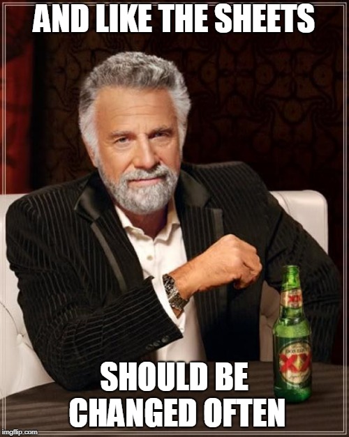 The Most Interesting Man In The World Meme | AND LIKE THE SHEETS SHOULD BE CHANGED OFTEN | image tagged in memes,the most interesting man in the world | made w/ Imgflip meme maker