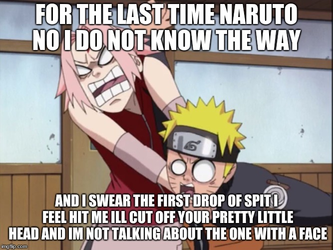 naruto and sakura | FOR THE LAST TIME NARUTO NO I DO NOT KNOW THE WAY; AND I SWEAR THE FIRST DROP OF SPIT I FEEL HIT ME ILL CUT OFF YOUR PRETTY LITTLE HEAD AND IM NOT TALKING ABOUT THE ONE WITH A FACE | image tagged in naruto and sakura | made w/ Imgflip meme maker