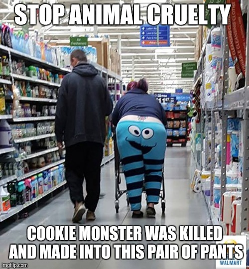 People of Walmart - Cookie Monster | STOP ANIMAL CRUELTY COOKIE MONSTER WAS KILLED AND MADE INTO THIS PAIR OF PANTS | image tagged in people of walmart - cookie monster | made w/ Imgflip meme maker